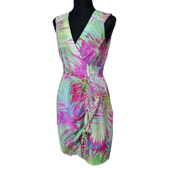 Nanette Lepore Palm Paradise Printed Silk Sleeveless Ruched V-Neck Dress Size 2 - Picture 2 of 16